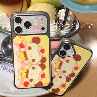 原创「布丁熊」古早ins博主同款童趣小众可爱风全包黄色波点背景适用于苹果银边17promax电镀全包磨砂手机壳