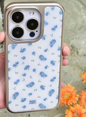 始動電車赵露思同款蓝色碎花奶油白设计师韩国mm浪漫款高清银边电镀背板亮面高透适用于苹果15pro手机壳