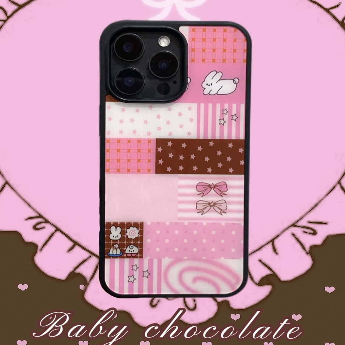原创「莓莓巧克力」复古粉棕拼图粉色格子ins百搭小众全包适用于苹果16promax黑边磨砂/亮面手机壳