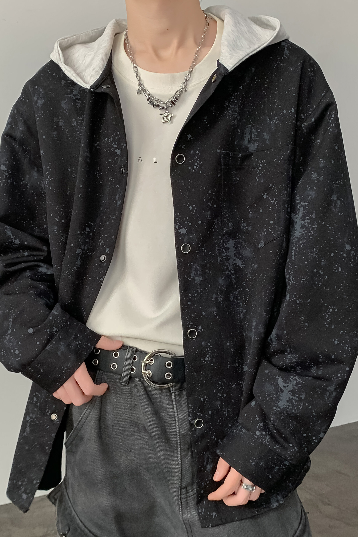 秋季老钱风泼墨休闲连帽衬衫宽松上衣A321-CS026-P60控99,男装衬衫,电商A321