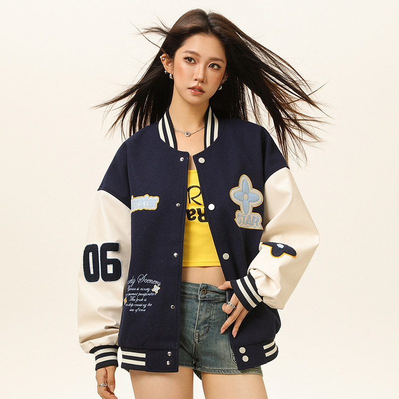 现货春秋棒球服外套男女刺绣PU休闲宽松百搭夹克A321-J9955-P90图片
