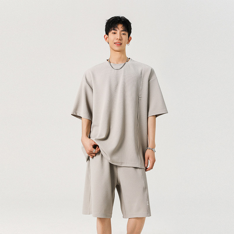短袖短裤男生夏季纯色百搭设计感运动痞帅高街套装A321-TZ053-P60,男装休闲套装,电商A321