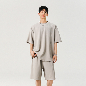 短袖短裤男生夏季纯色百搭设计感运动痞帅高街套装A321-TZ053-P60图片