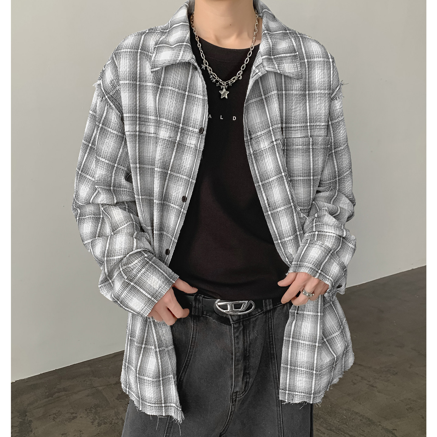 秋季老钱风泡泡格子休闲衬衫宽松百搭衬衣A321-CS029-P58控89,男装衬衫,电商A321