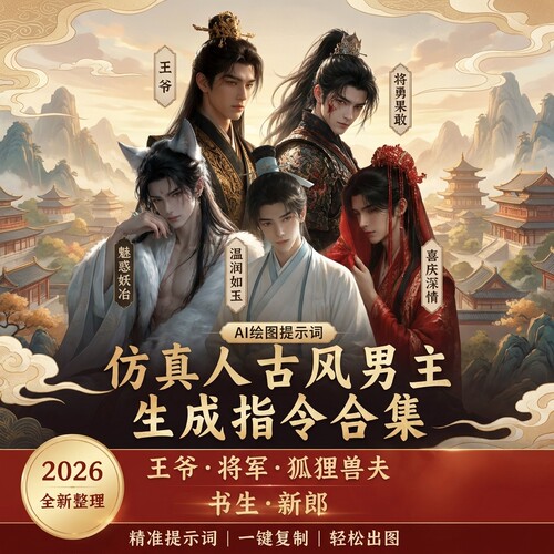 Image2古风男主提示词仿真人角色一致性小说推文短剧生成指令