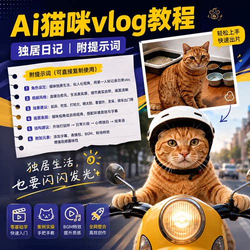 AI生成视频 AI猫咪vlog教程独居日记附提示词 短视频制作全套教学