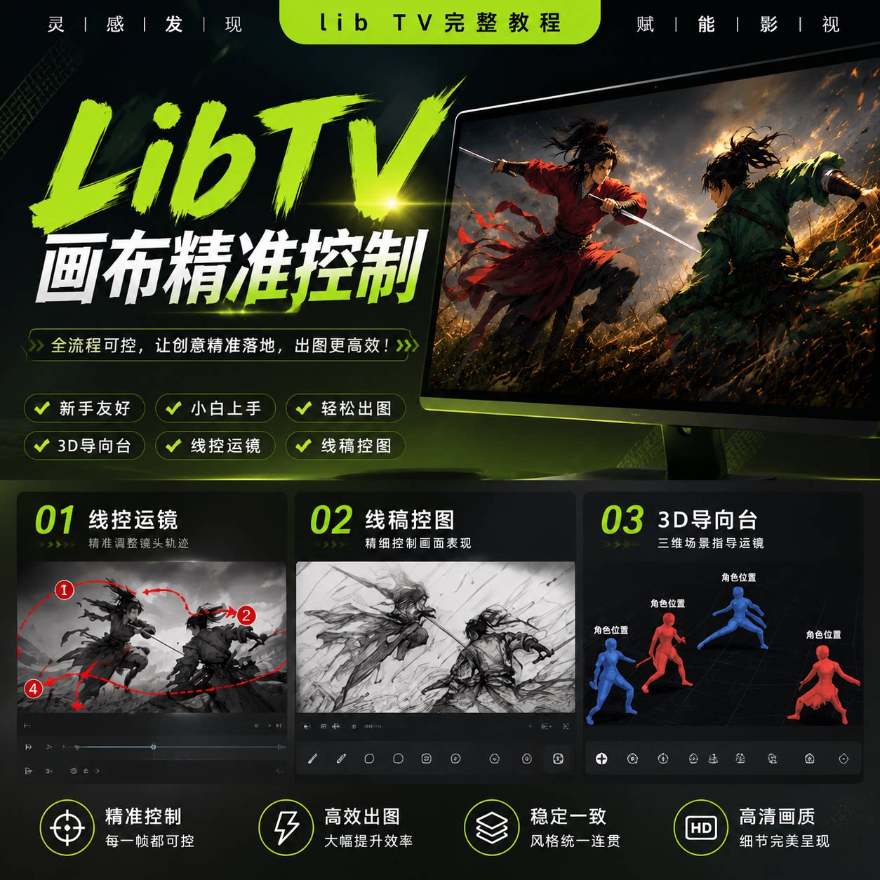AI镜头运镜教程LibTV画布精准控制线控运镜3D导向台线稿构图资料