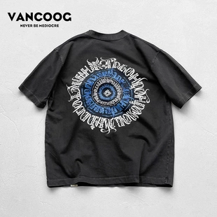 VANCOOG26美式夏季纯棉奇卡诺印花大码黑色新款宽松圆领短袖T恤男