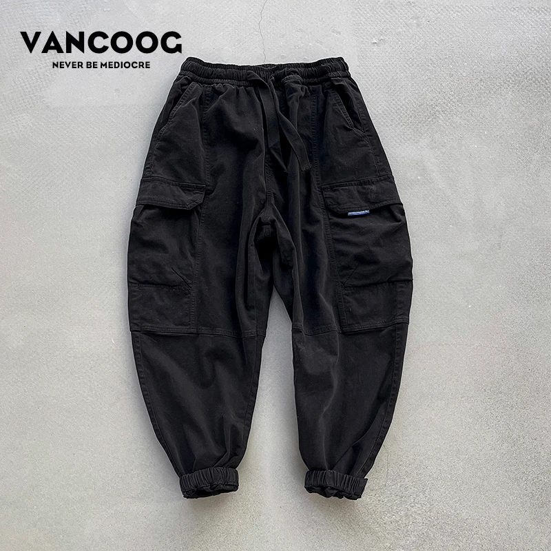 VANCOOG秋季潮牌哈伦裤时尚多口袋水洗宽松休闲工装裤吊裆跨裤男