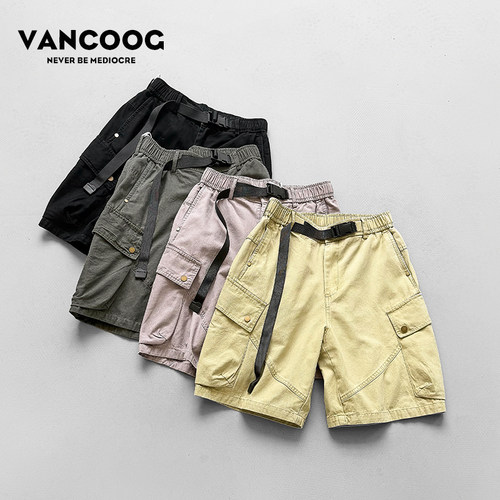 VANCOOG夏季美式潮牌宽松水洗纯棉五分中裤子百搭大码工装短裤男