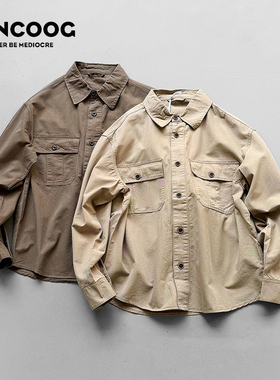 凡购春季美式潮牌水洗衬衣复古宽松百搭长袖纯色多口袋工装衬衫男