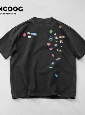 VANCOOG26美式纯棉350克宽松水洗做旧小标印花圆领破洞短袖T恤男