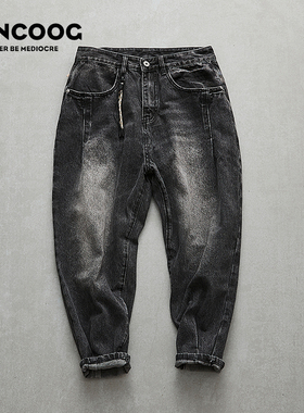 VANCOOG美式潮牌微锥复古长裤水洗破洞宽松弯刀小脚百搭牛仔裤男