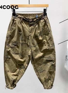 VANCOOG春季美潮迷彩水洗宽松纯棉百搭低裆哈伦跨裤工装休闲裤男