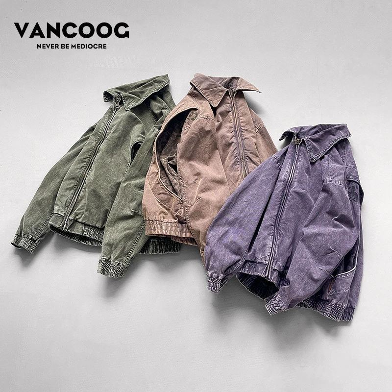 VANCOOG秋季美潮百搭复古工装外套短款jacket宽松拼接休闲夹克男