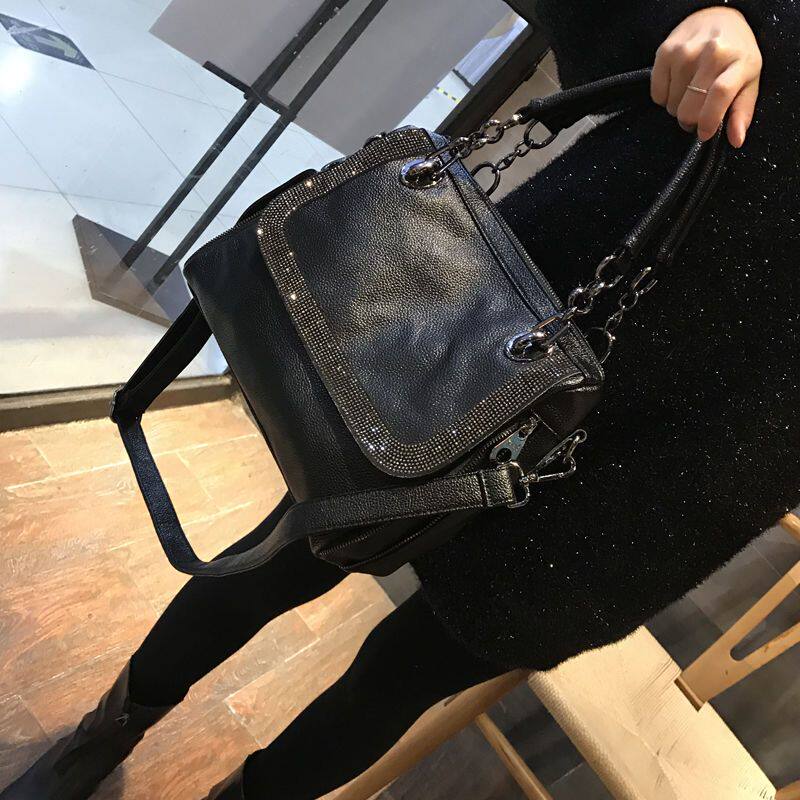 简约镶钻牛皮手提包2026新款欧美风气质女包大容量软皮单肩挎包潮