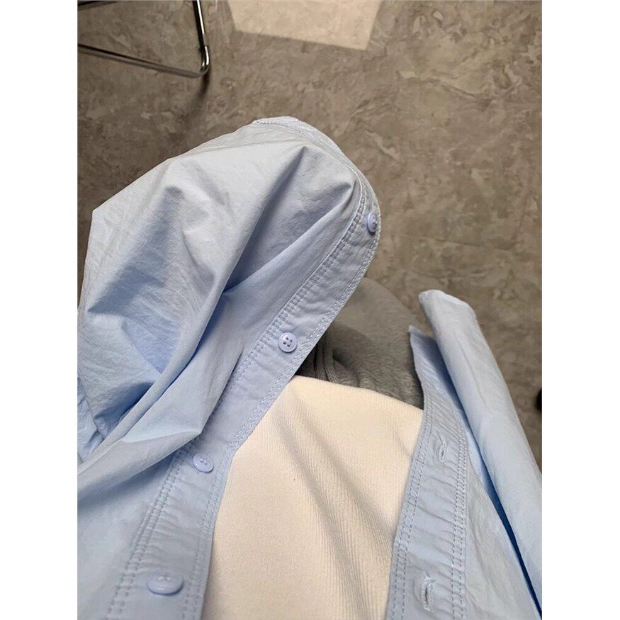 法式蓝色防晒衬衫女夏季薄款小个子宽松长袖衬衣外套休闲韩系上衣