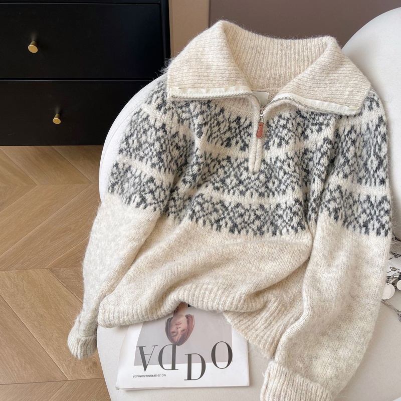 提花费尔岛半开领毛衣女款