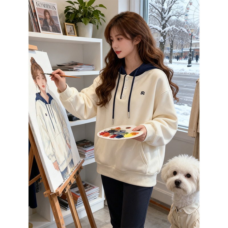 设计感撞色连帽卫衣加绒加厚女秋冬2025新款小个子宽松慵懒风外套