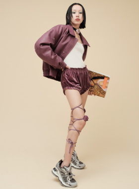 Why Winter House 22AW 紫色丝绒玫瑰花绑带灯笼超短裤