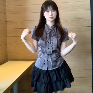 气质黑色a字蛋糕裙两件套 高知穿搭miu系套装 女夏季 木耳边短袖 衬衫