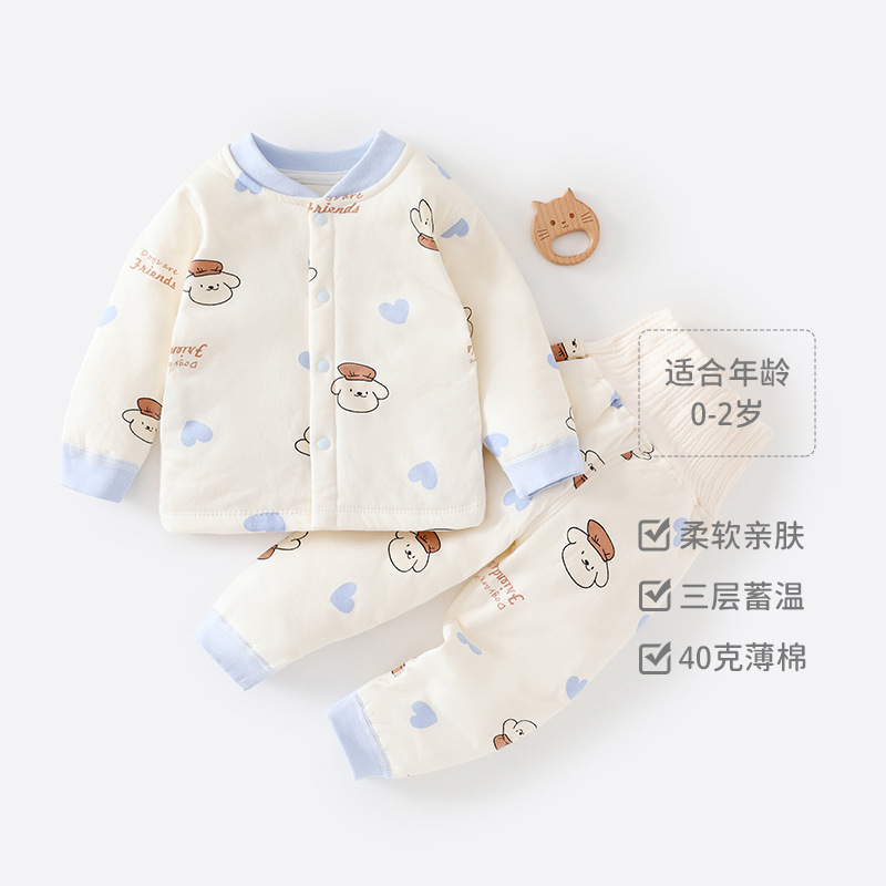 小月龄宝宝秋季衣服婴儿春装薄棉保暖40g分体家居服睡衣外出服1岁