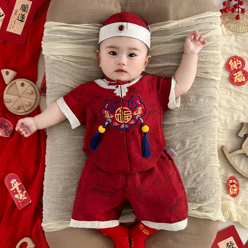 宝宝一周岁衣服2026年夏季男童汉服夏装婴儿中式唐装礼服喜庆套装