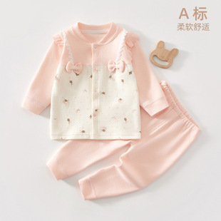 66码女宝衣服婴幼儿春秋纯棉套装新生儿舒绒秋衣秋裤分体早春漂亮
