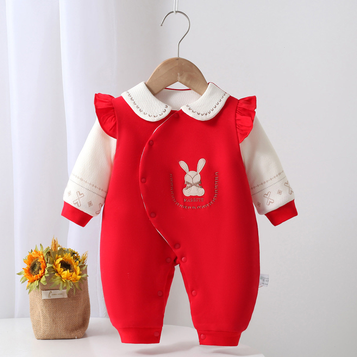 新生婴儿公主衣服女宝宝过年红色外出无骨80g薄棉满月服新年喜庆