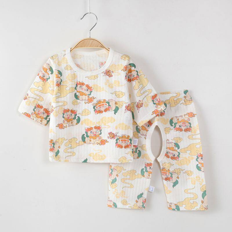 婴儿衣服夏季分体儿童夏天分体睡衣家居服薄款开档空调房中袖套装