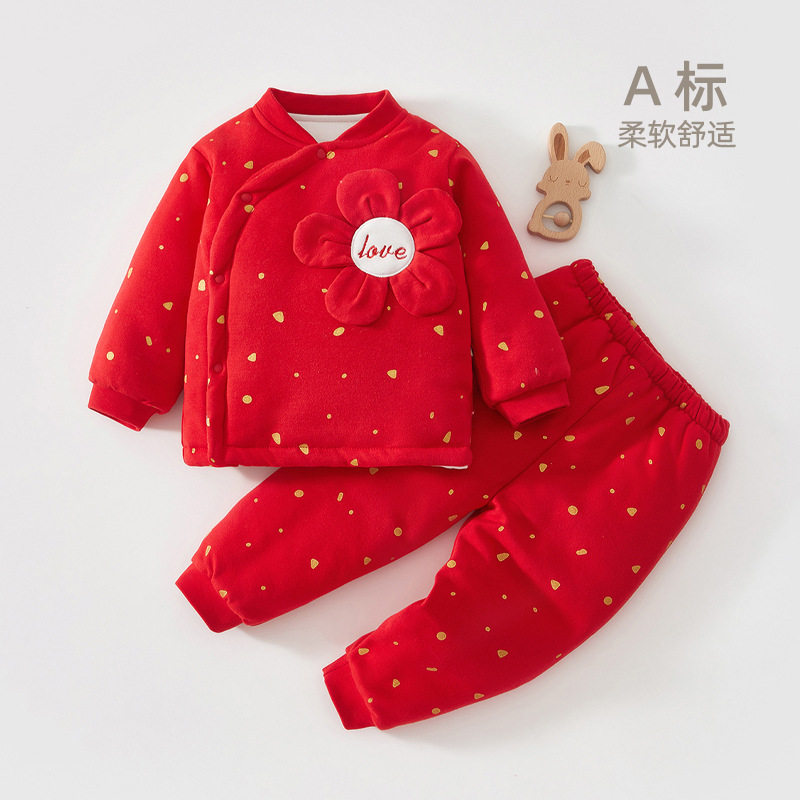 宝宝宴小公主衣服婴儿新年红色套装拜年服分体两件套加厚外出棉服
