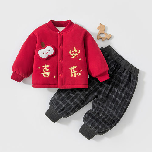 宝宝生日宴男孩衣服婴儿过年红色喜庆套装120克夹棉加厚秋冬棉袄