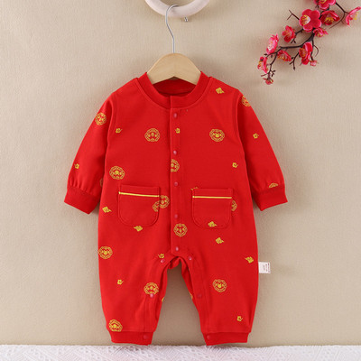 百天婴儿服女孩春秋薄款连体衣长袖喜庆满月服男宝宝春夏红色周岁