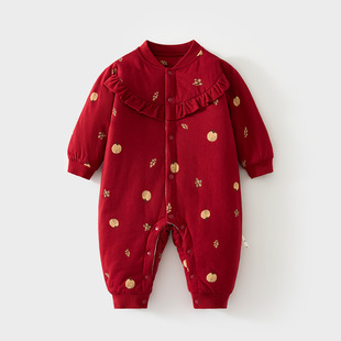 喜庆小月龄婴儿服加棉大红连体衣60克夹棉拜年服女宝初冬满月百岁