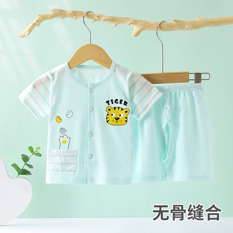 宝宝开裆裤套装夏婴儿夏季衣服分体两件套幼儿无骨薄款短袖短裤子