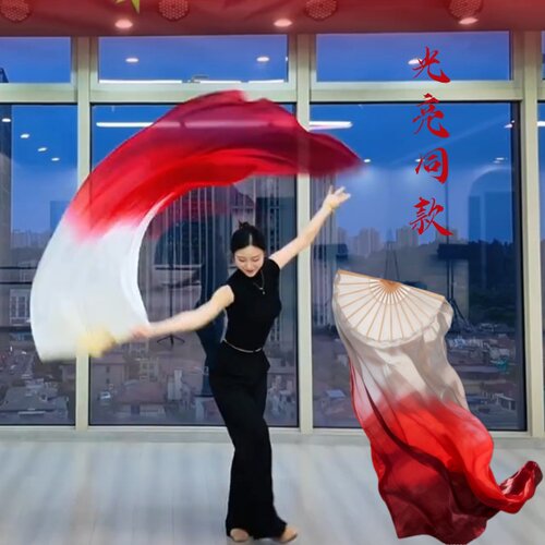 真丝光亮同款舞蹈扇缠酒红长绸扇