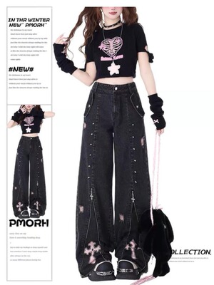 crazygirl 零碎计划原创小众朋克亚文化甜酷高腰直筒牛仔裤春