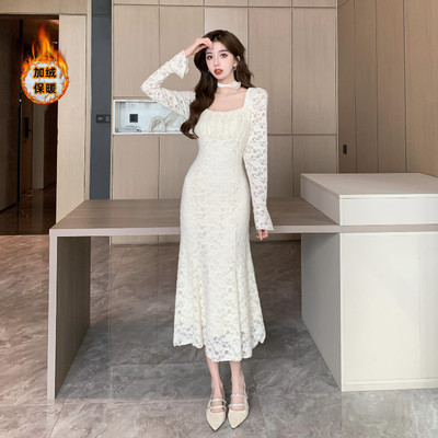 现货现货2024秋冬法式气质优雅山茶花鱼尾蕾丝加绒保暖打底连衣裙