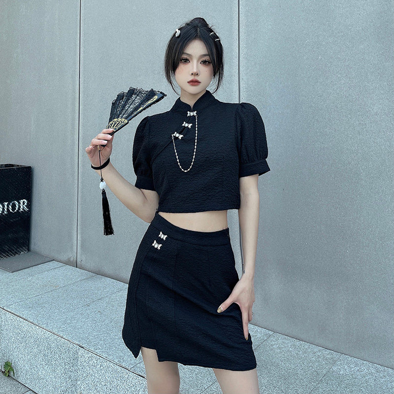现货秒发~ 新中式短款上衣短袖外套女夏季国风小黑裙套装半身裙子