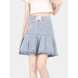 现货秒发!!!爱心刺绣牛仔短裙女小个子显瘦高腰百褶半身裙子