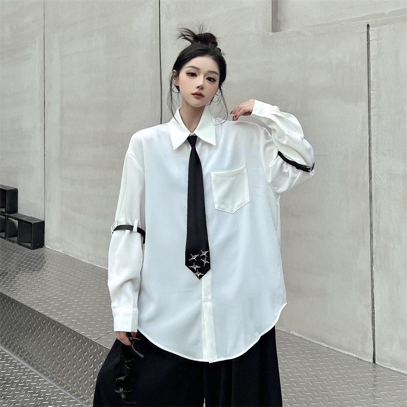 现货秒发，小众韩版潮流休闲宽松百搭领带衬衣长袖衬衫