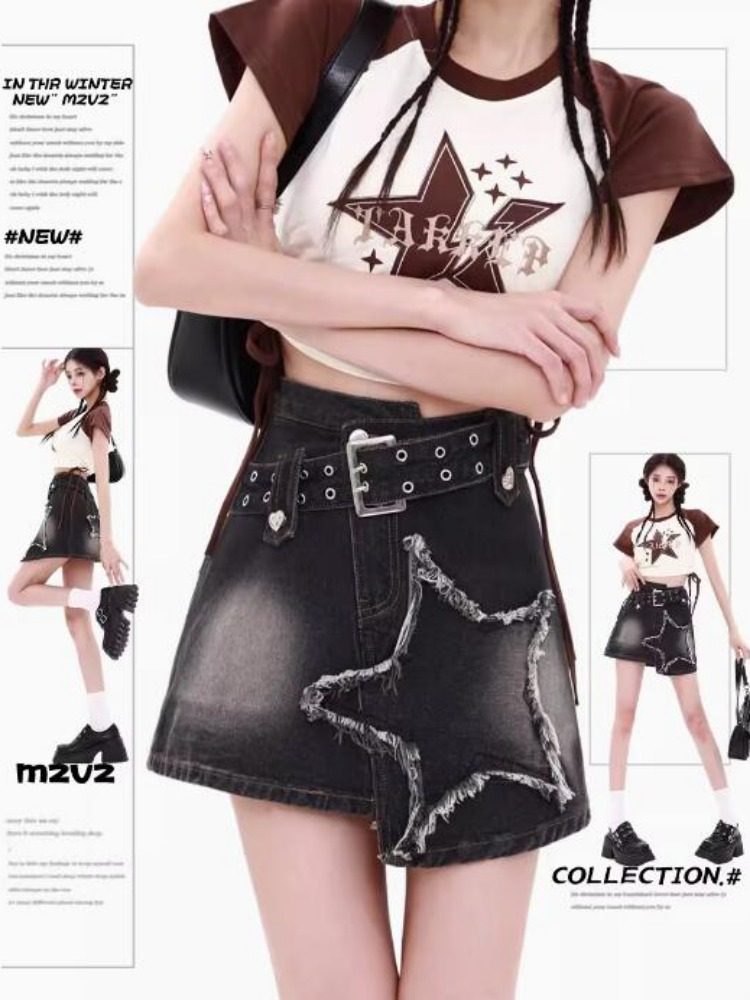 MZVZ美式星星牛仔半身裙女夏季高腰包臀半裙设计感小众辣妹短裙子
