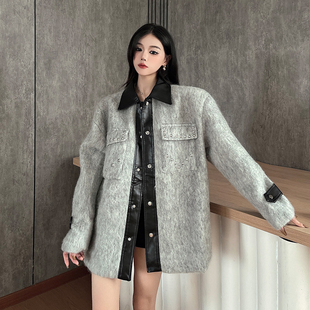 现货现货 秋冬撞色PU皮拼接羊毛呢外套女小众金属铆钉设计感夹克