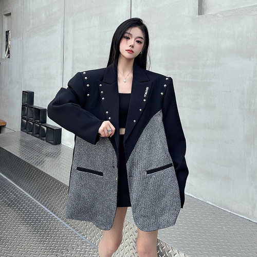 现货现货~ 亮丝拼接西装外套女2024秋冬新款中性宽松垫肩西服上衣