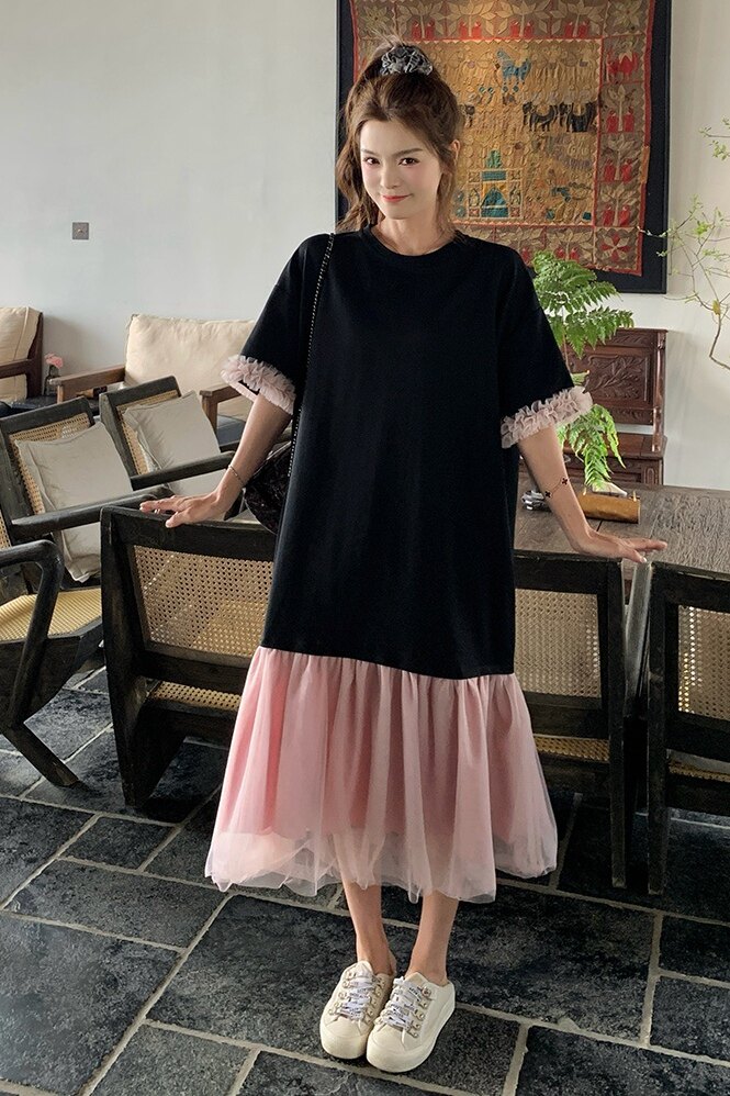 设计感小众甜美T恤拼接连衣裙女夏2025新款超好看休闲学院风少女,女装连衣裙,浙宝211