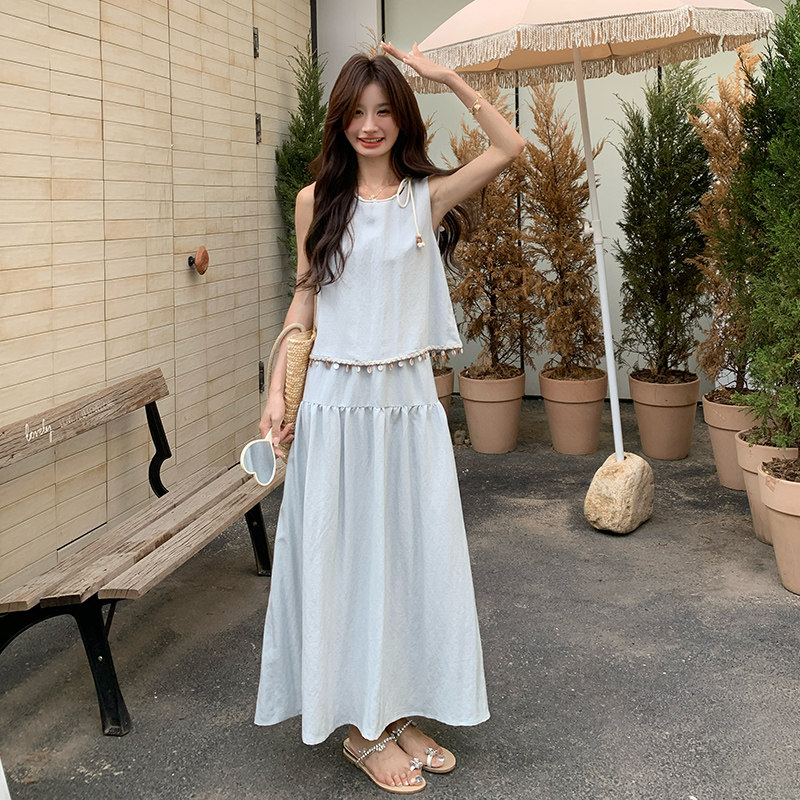 浅蓝色显瘦气质半身裙两件套女夏季2025温柔系穿搭高级感背心套装,女装套装/套裙,浙宝211