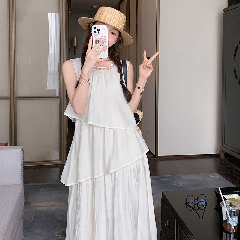 设计感不规则独特白月光无袖连衣裙女夏季新款仙女超仙温柔风长裙,女装连衣裙,浙宝211