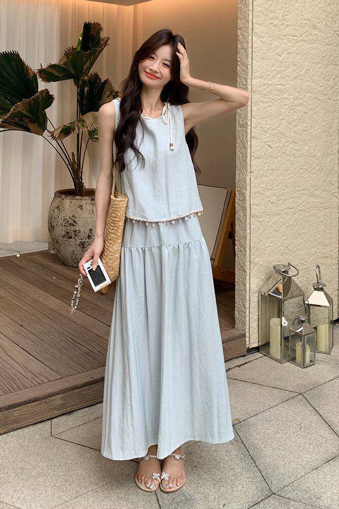 浅蓝色显瘦气质半身裙两件套女夏季2025温柔系穿搭高级感背心套装,女装套装/套裙,浙宝211