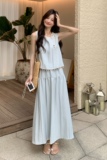浅蓝色显瘦气质半身裙两件套女夏季2025温柔系穿搭高级感背心套装，女装套装/套裙，浙宝211