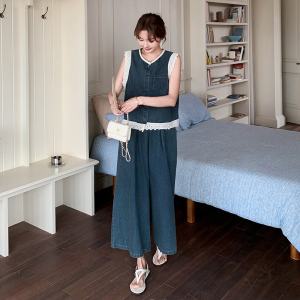 蕾丝拼接牛仔马甲阔腿裤套装女夏季新款小个子轻薄显瘦休闲两件套,女装套装/套裙,浙宝211